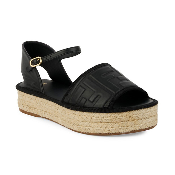 Fendi Black Leather Logo Slide Flat Ankle Strap Platform Espadrille Sandal 36.5 - Picture 3 of 11